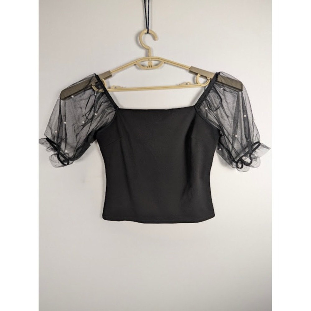 Black Square Neck Crop Top‎ Sheer Mesh Pearl Puff Sleeve Romantic Evening Blouse